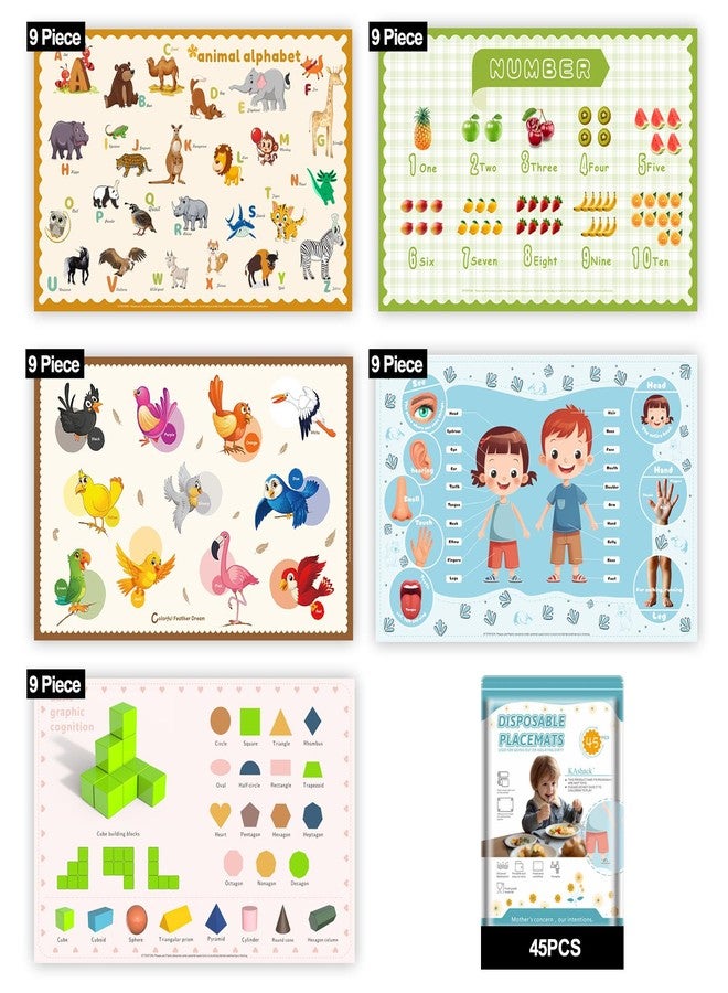 KAshack 45 Pack Sticky Disposable Placemats for Baby & Toddlers,Toddler Placemat 12"x18" Kids Table Mat for Party, Picnic Table, Restaurants Dining Table Travel Essentials for Toddlers with 5 Designs - Image 1